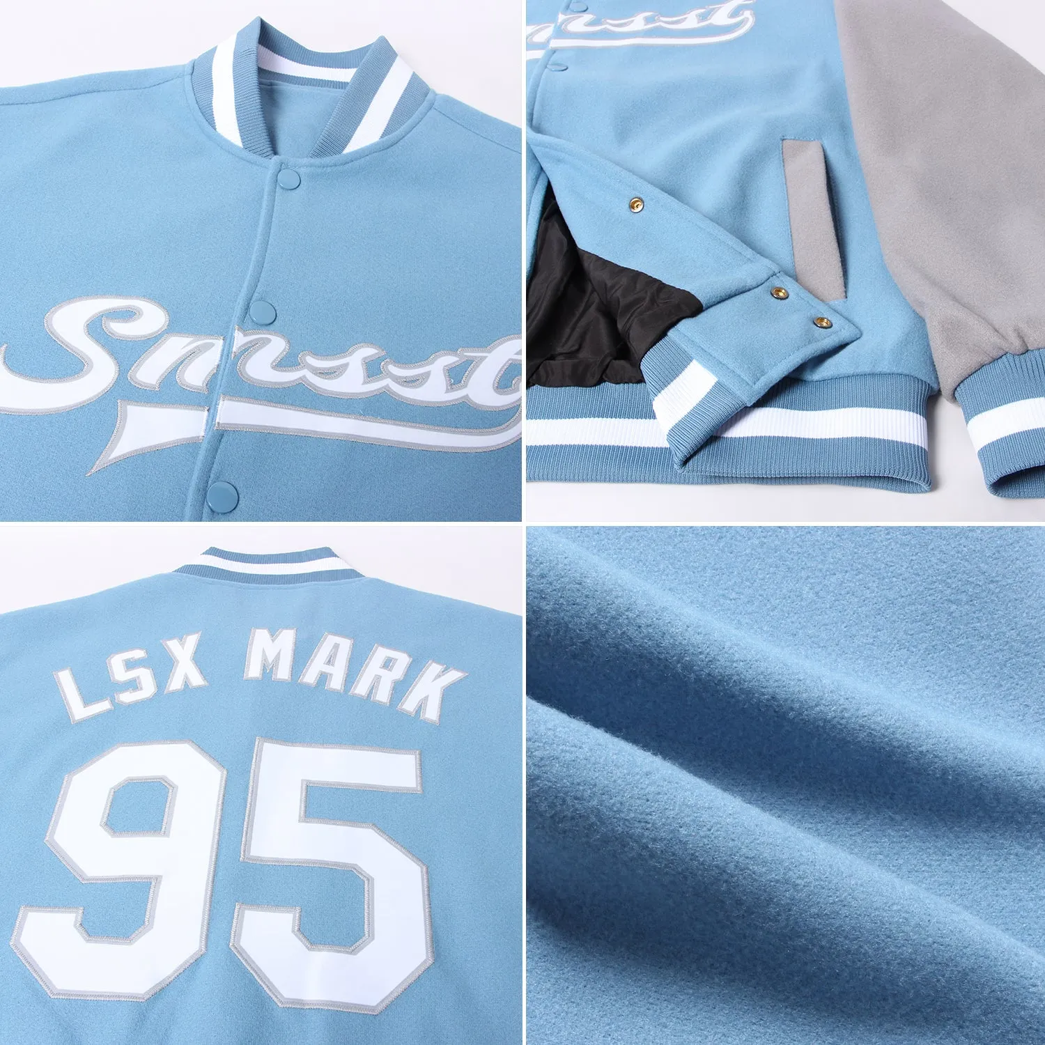 Custom Light Blue White-Gray Bomber Full-Snap Varsity Letterman Two Tone Jacket