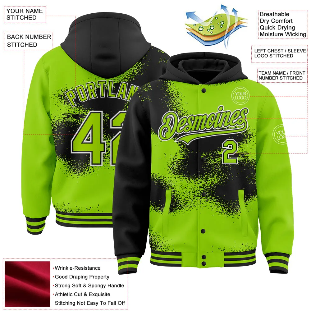 Custom Neon Green Black-White Abstract Color Blocks Fragment Art 3D Pattern Design Bomber Full-Snap Varsity Letterman Hoodie Jacket