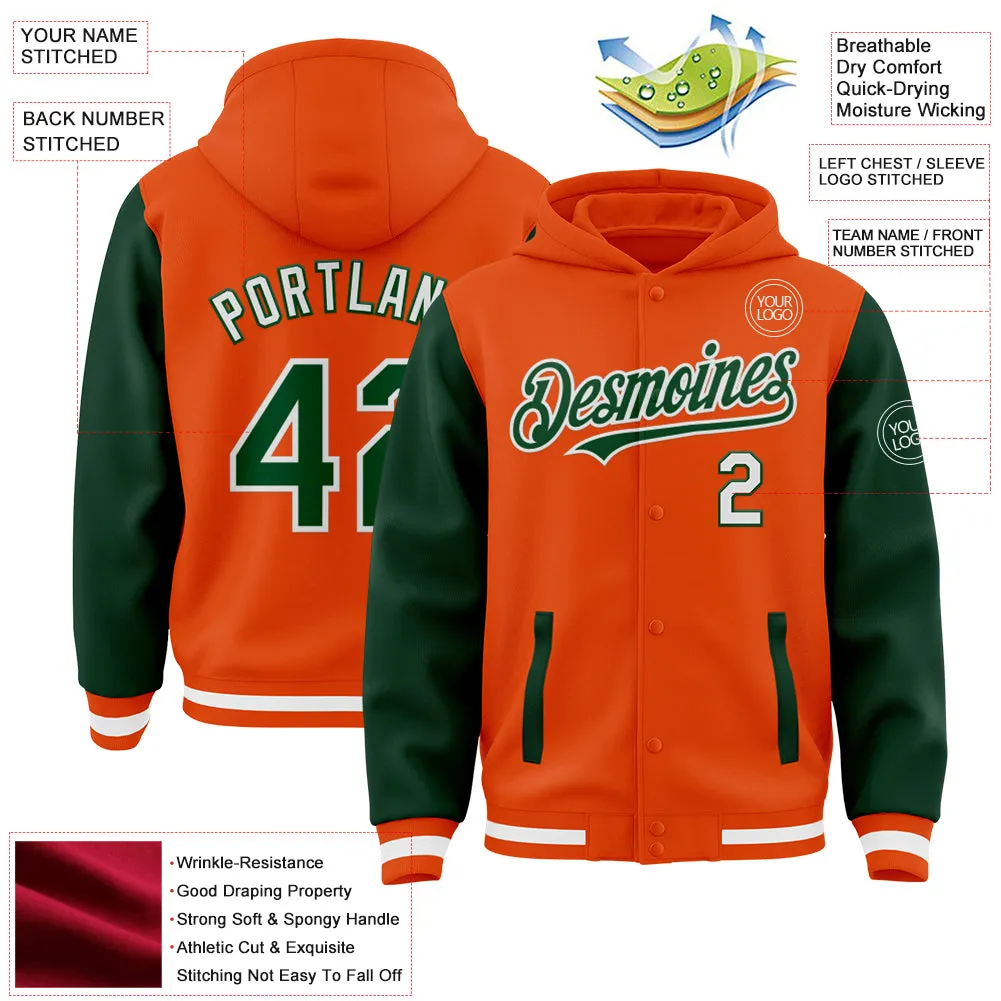 Custom Orange Green-White Bomber Full-Snap Varsity Letterman Two Tone Hoodie Jacket