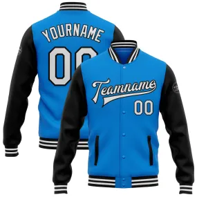 Custom Powder Blue White-Black Bomber Full-Snap Varsity Letterman Two Tone Jacket