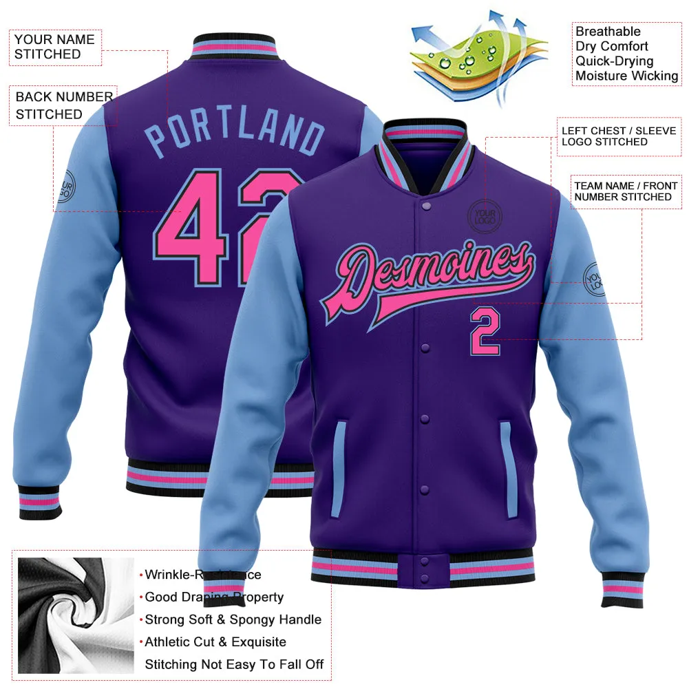 Custom Purple Pink Light Blue-Black Bomber Full-Snap Varsity Letterman Two Tone Jacket