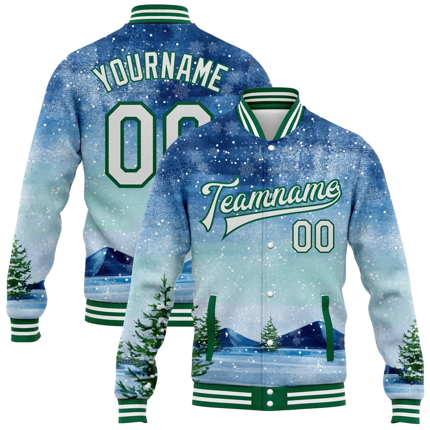 Custom Royal White-Kelly Green Watercolor Winter Landscape With Snowy Trees 3D Pattern Design Bomber Full-Snap Varsity Letterman Jacket