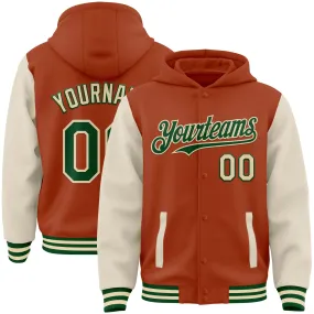 Custom Texas Orange Green-Cream Bomber Full-Snap Varsity Letterman Two Tone Hoodie Jacket