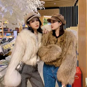 deanwangkt Women's fur coat elegant sexy high street clothing new short fox raccoon fur trumpet sleeve fashion western Retro thick jacket