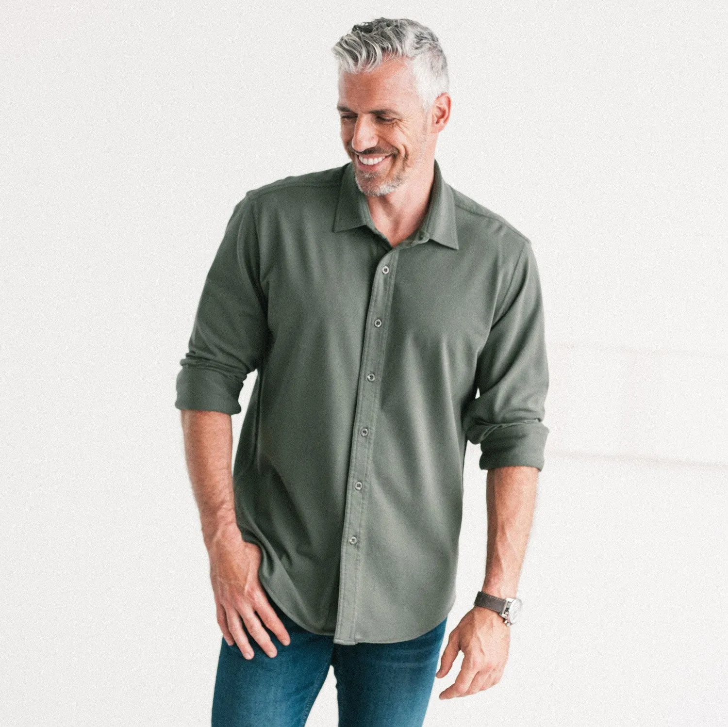 Essential Spread Collar Casual Knit Shirt - Olive Green Cotton Knit Pique