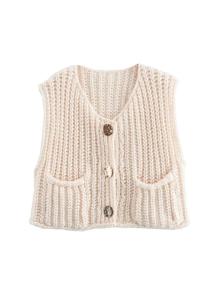 Fashion Green Round Neck Knitted Vest For Women Chic Sleeveless Button Pocket Cardigan 2024 Autumn Female Commuting Streetwear