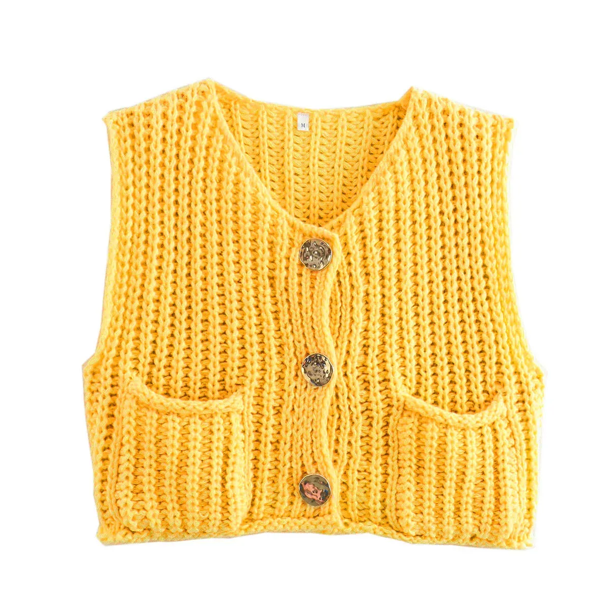 Fashion Green Round Neck Knitted Vest For Women Chic Sleeveless Button Pocket Cardigan 2024 Autumn Female Commuting Streetwear