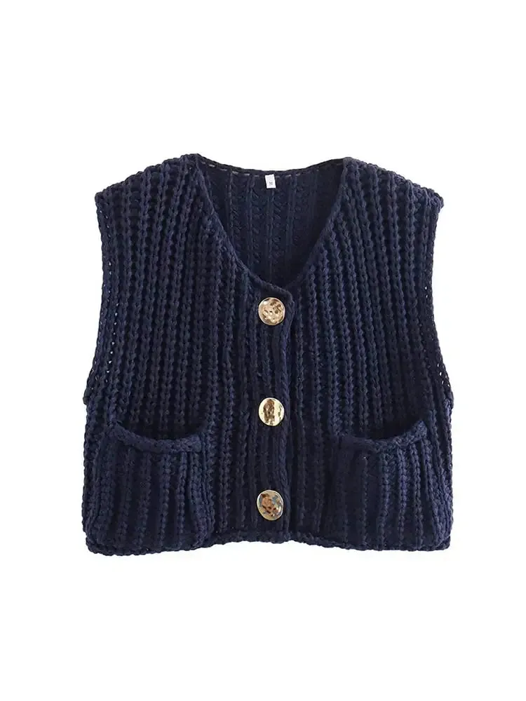 Fashion Green Round Neck Knitted Vest For Women Chic Sleeveless Button Pocket Cardigan 2024 Autumn Female Commuting Streetwear