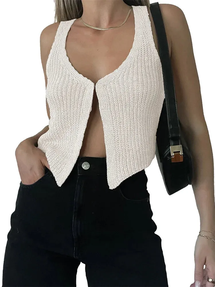 FashionSierra - 2024 Knitted Sweaters Vest Casual Retro Sleeveless V-Neck Buttons Up Tank Summer Autumn Chic Vest  Club Crop Tops