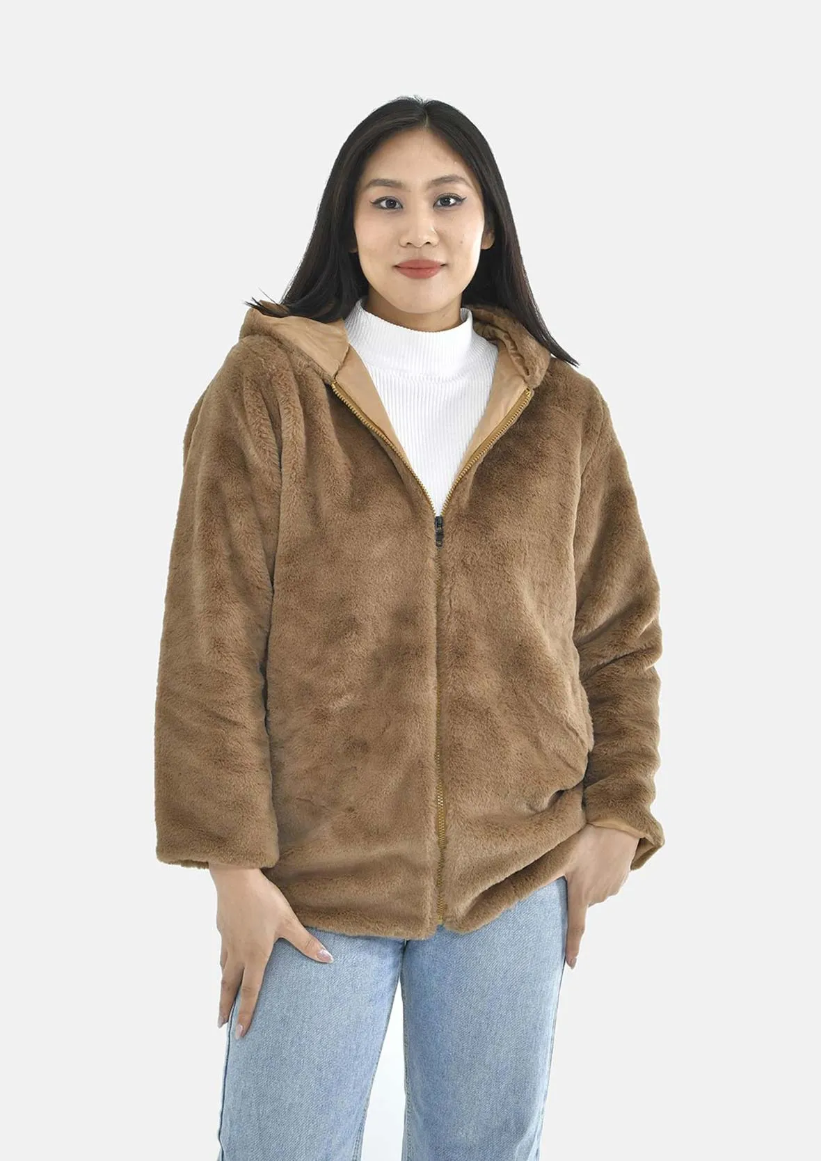 Faux Fur Hoodie With Zip Front