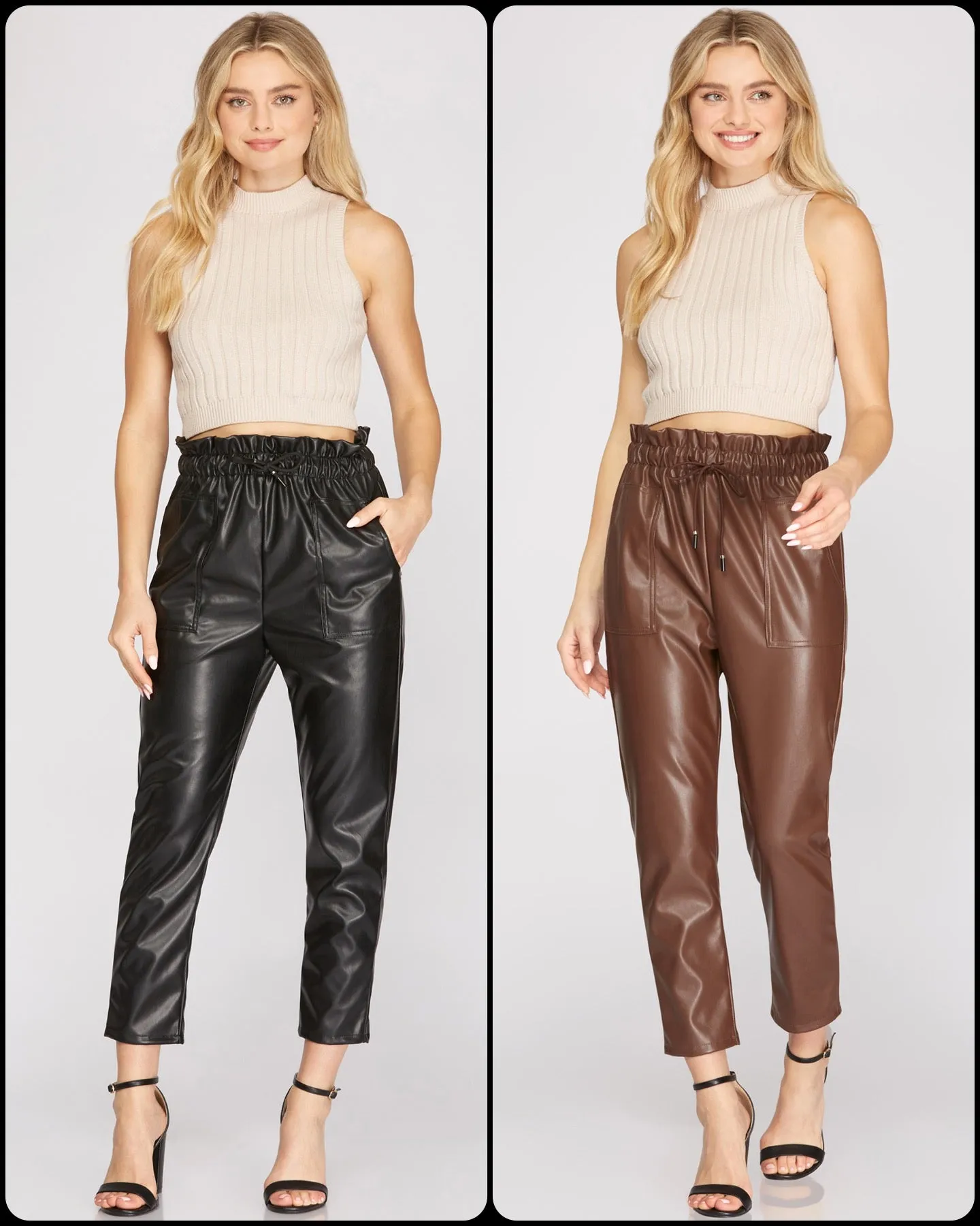 FAUX LEATHER CARGO PANTS WITH POCKETS - BLACK OR BROWN