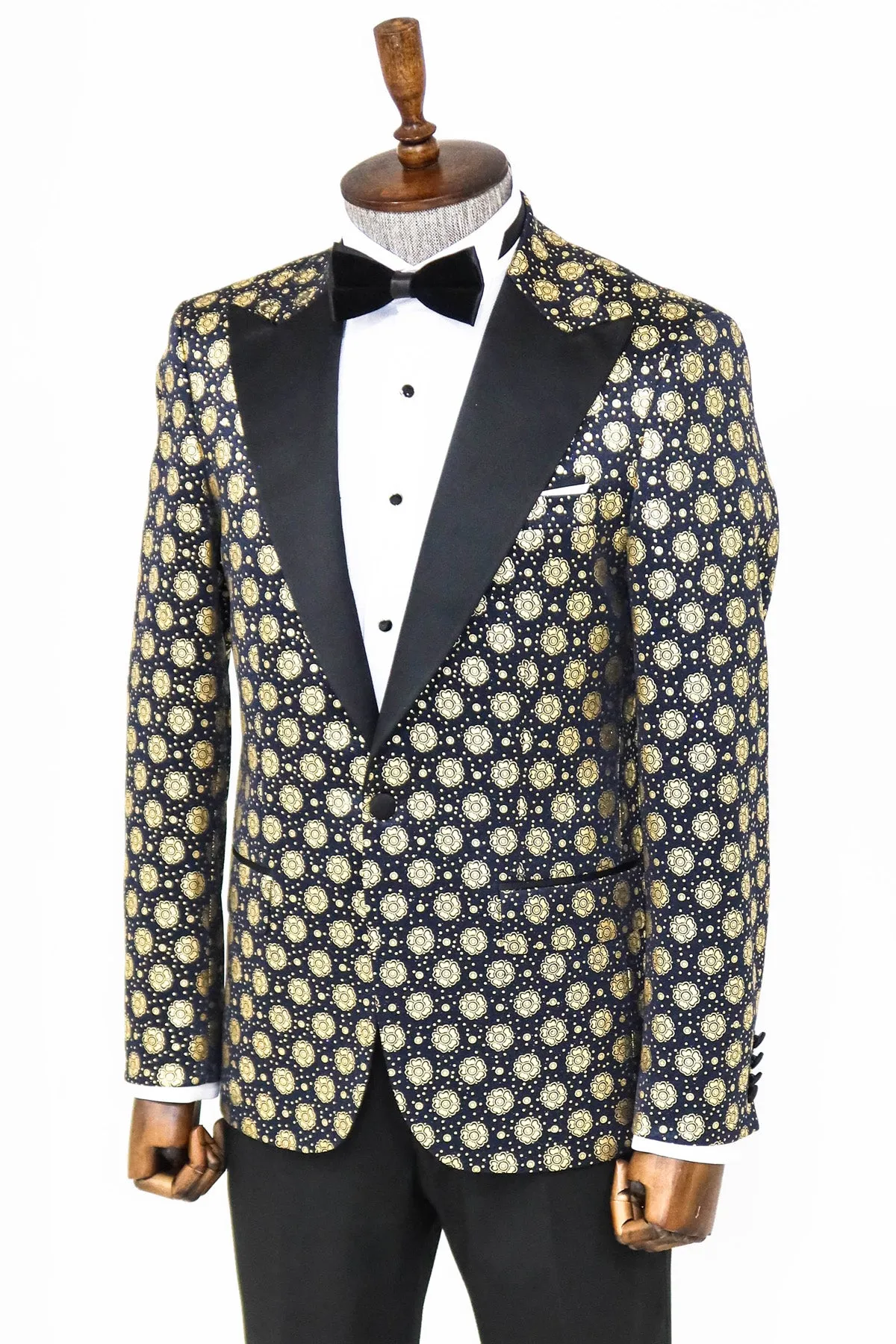 Floral Patterned Peak Lapel  Navy Blue with Gold Embellished Dinner Jacket - Wessi