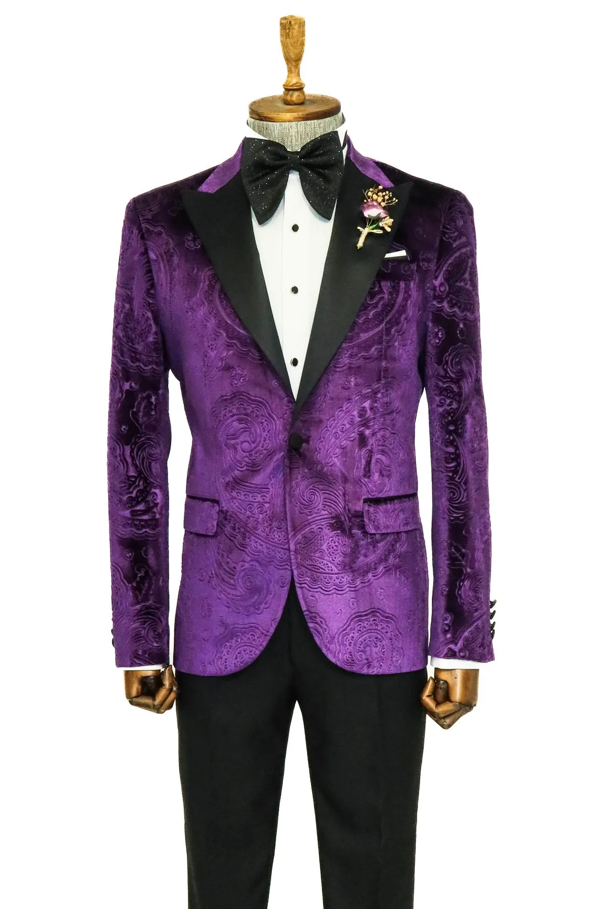 Floral Patterned Purple Velvet Men Tuxedo  Jacket - Wessi