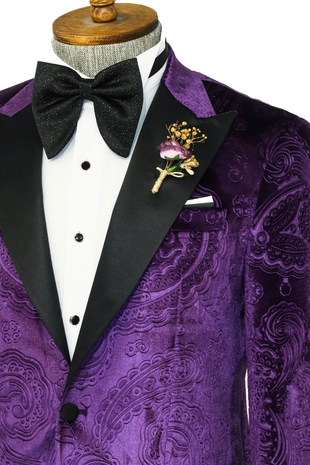 Floral Patterned Purple Velvet Men Tuxedo  Jacket - Wessi