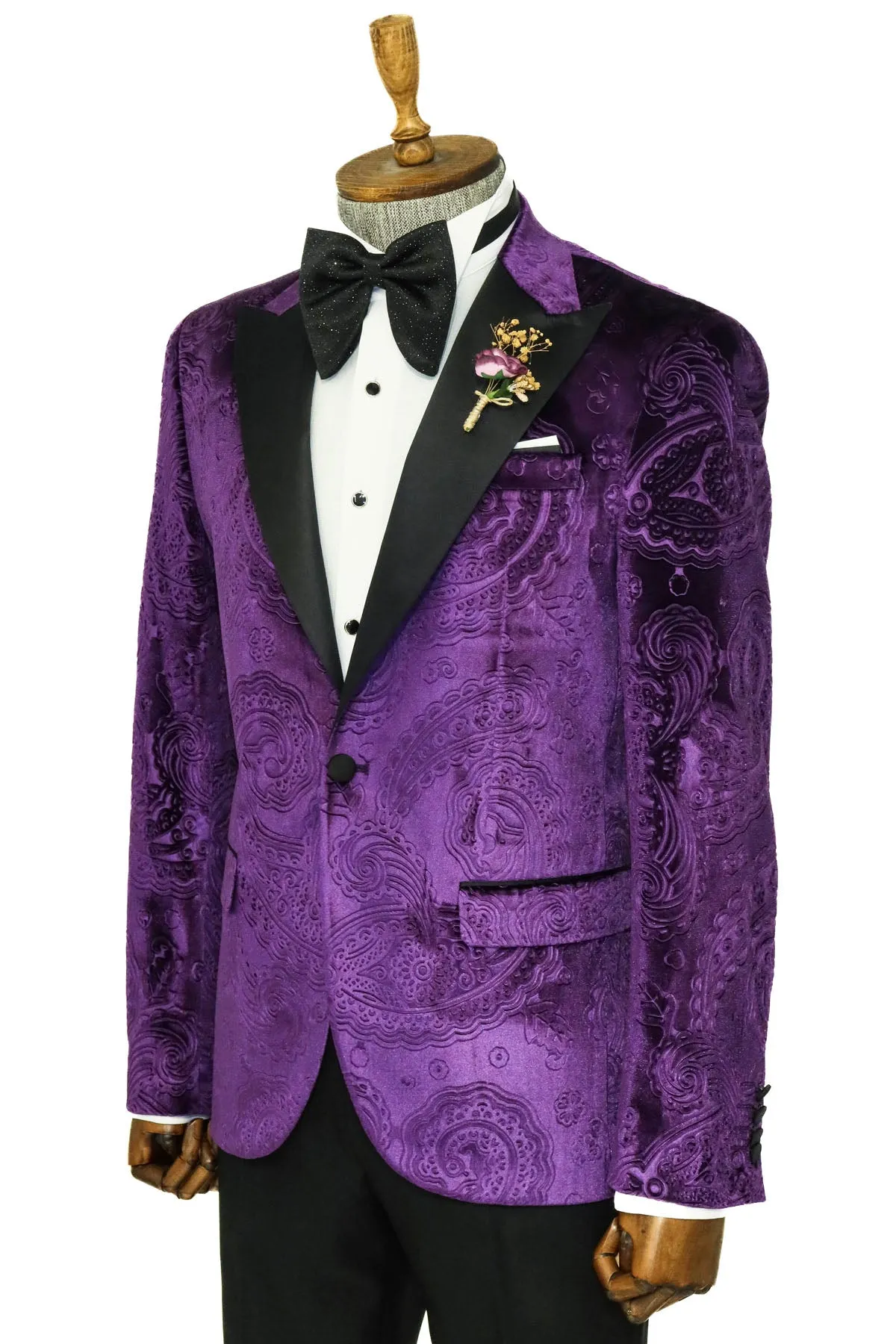 Floral Patterned Purple Velvet Men Tuxedo  Jacket - Wessi