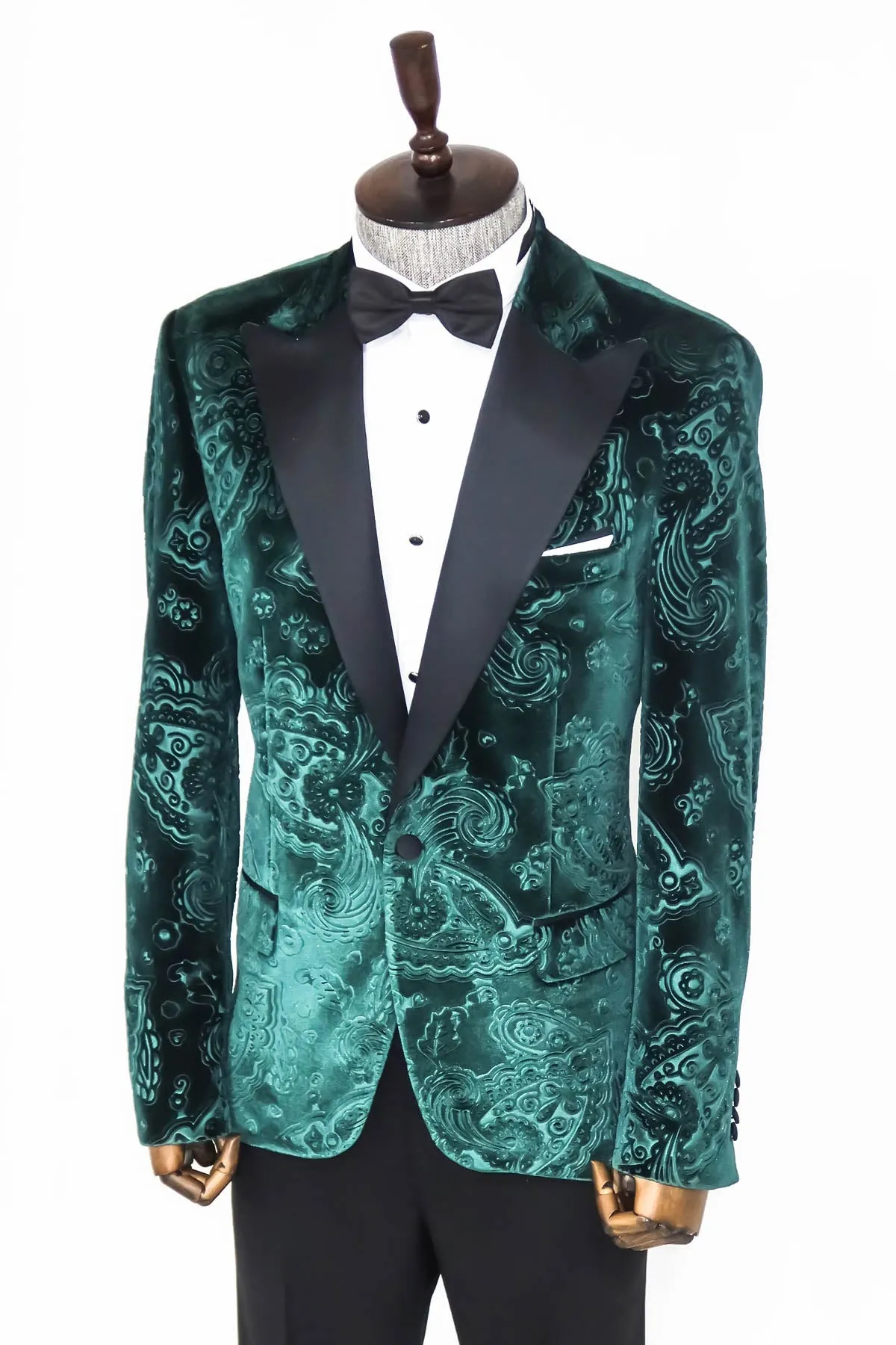 Floral Patterned Velvet Green Men Evening Jacket - Wessi