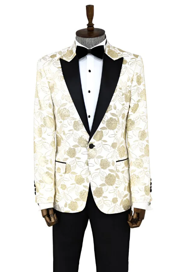 Floral Patterned White Men Tuxedo Blazer - Wessi