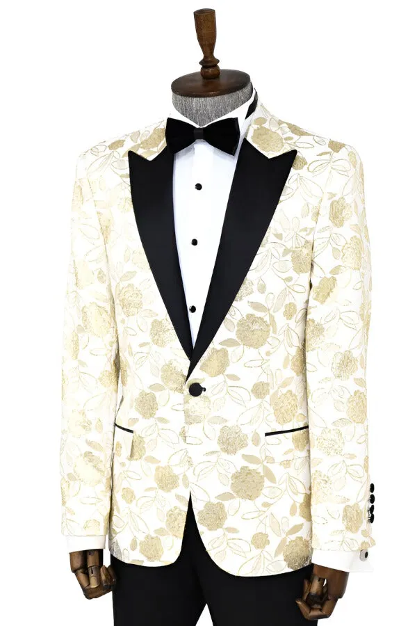 Floral Patterned White Men Tuxedo Blazer - Wessi