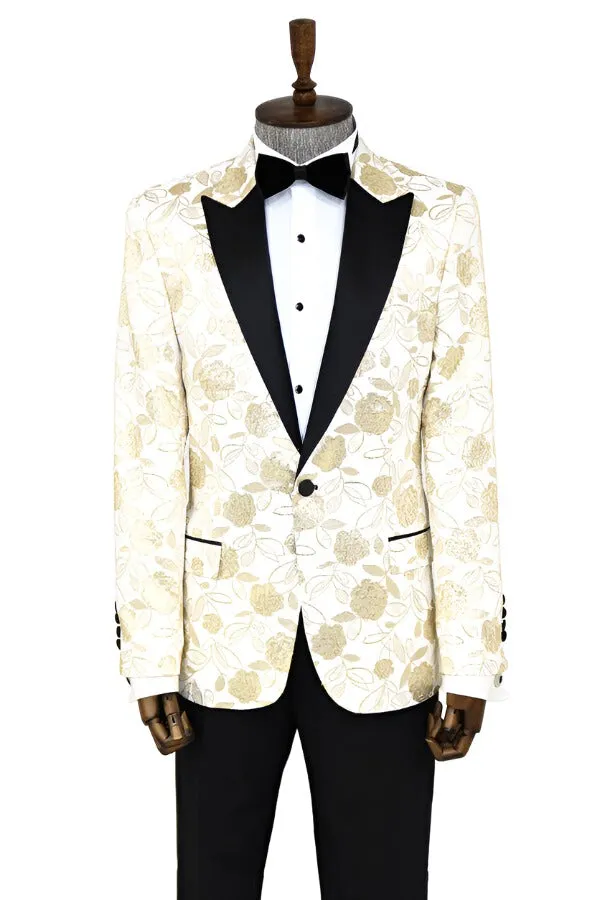 Floral Patterned White Men Tuxedo Blazer - Wessi