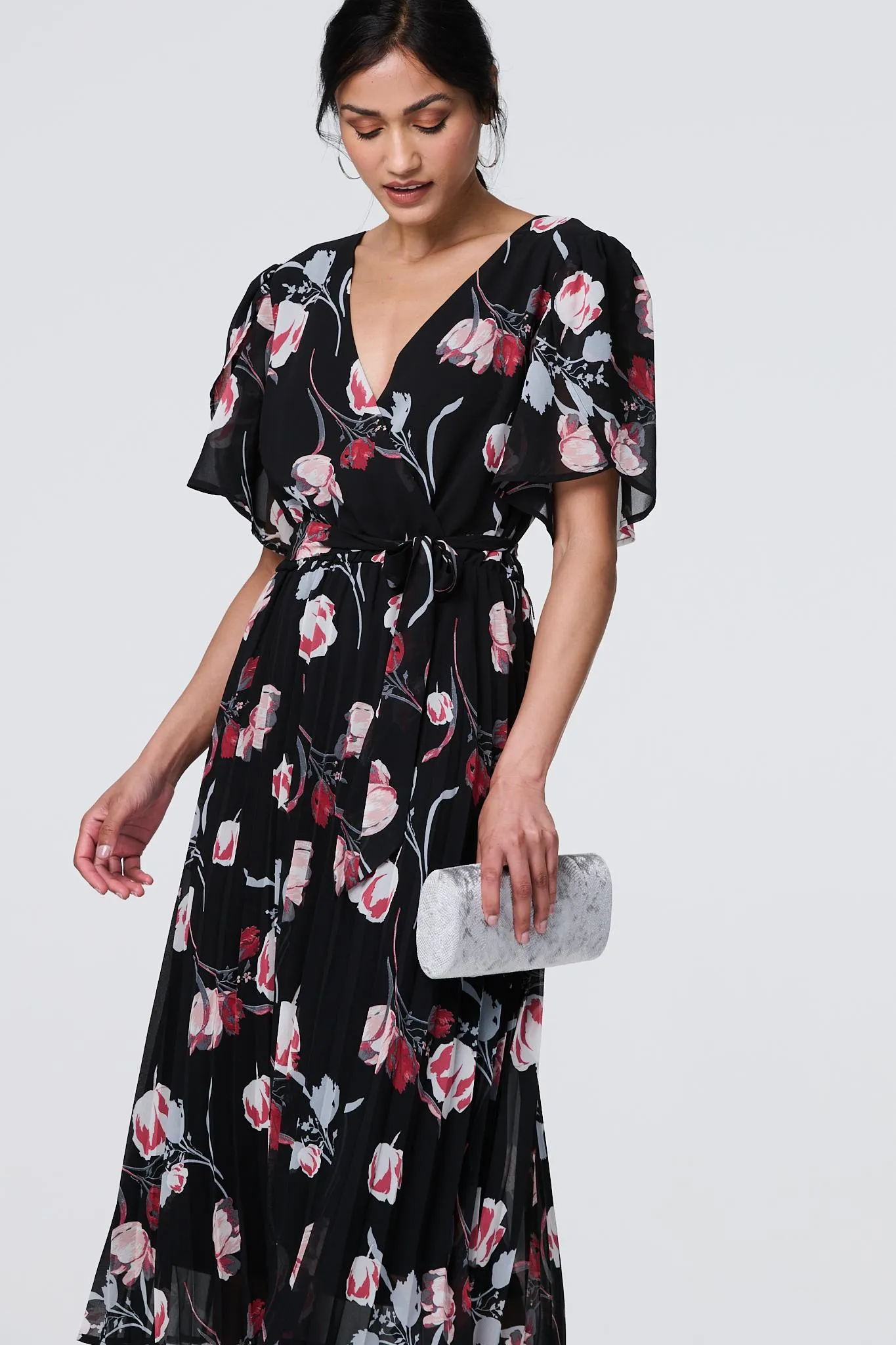 Floral Sheer 1/2 Sleeve Midi Wrap Dress