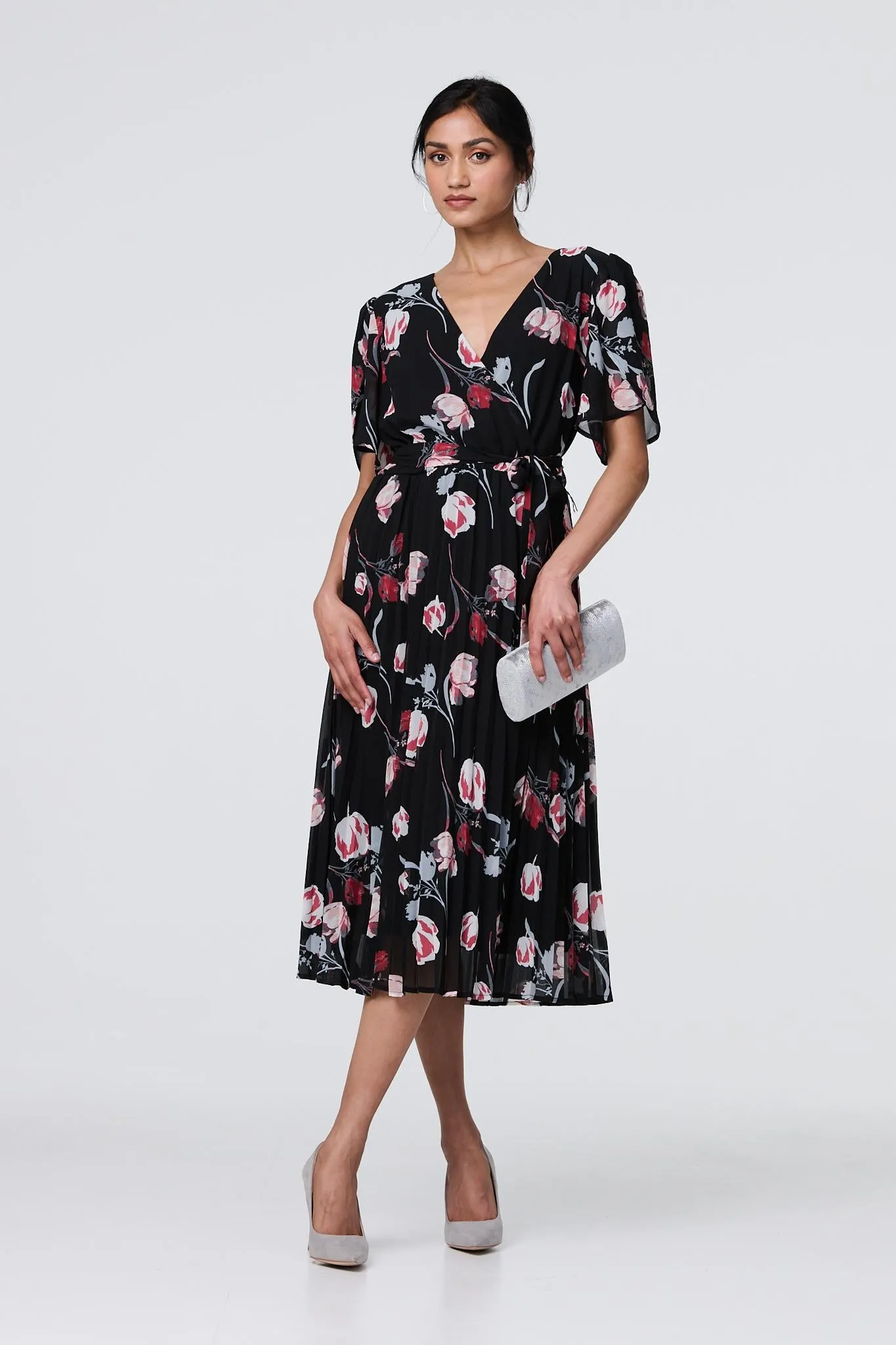 Floral Sheer 1/2 Sleeve Midi Wrap Dress