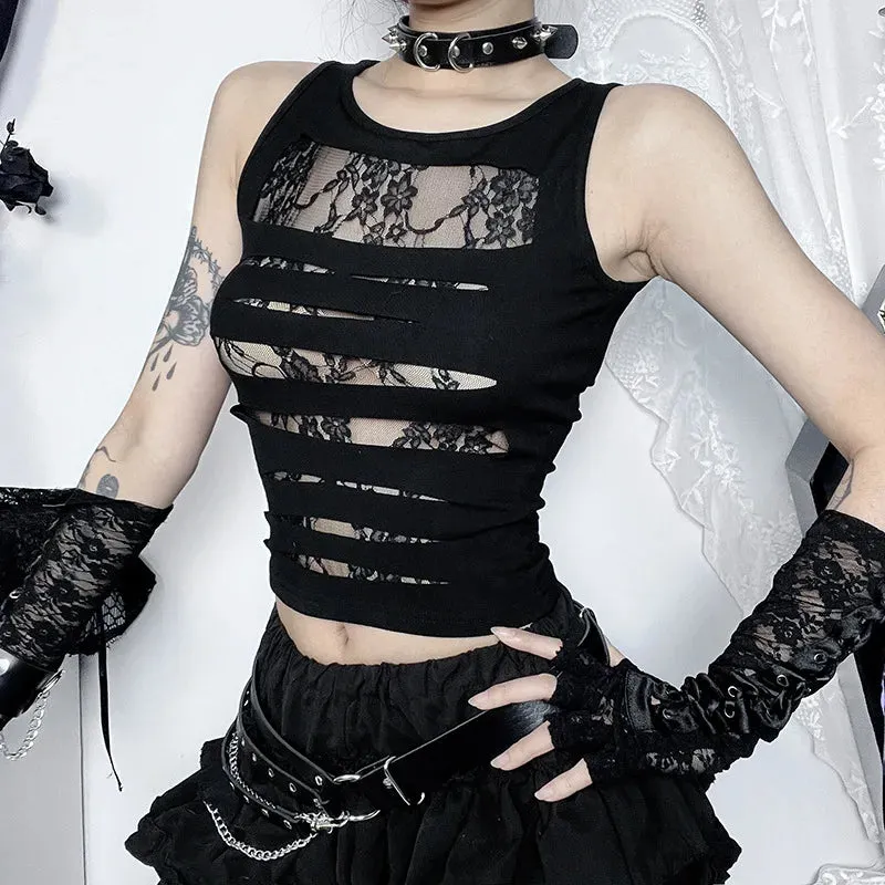 Flytonn-Halloween Outfits Halloween Gifts Gothic Style 2024 Mall Goth Hollow Out Vest Women Streetwear Harajuku Mesh See Through Crop Tank Tops Coquette Y2K Emo Alt Clothes