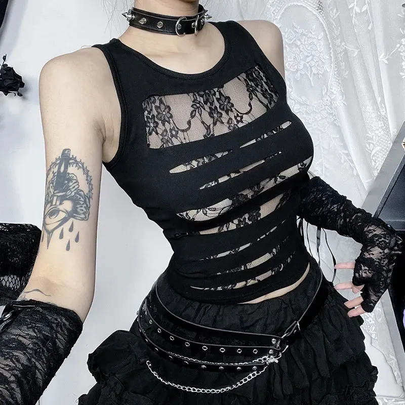 Flytonn-Halloween Outfits Halloween Gifts Gothic Style 2024 Mall Goth Hollow Out Vest Women Streetwear Harajuku Mesh See Through Crop Tank Tops Coquette Y2K Emo Alt Clothes