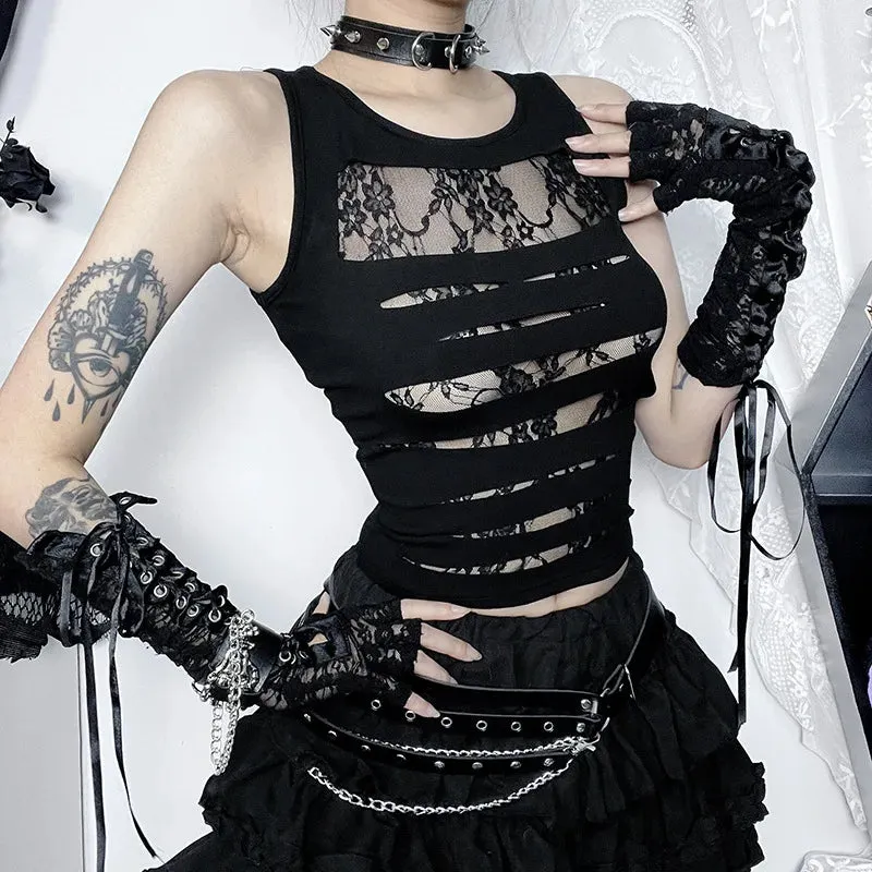 Flytonn-Halloween Outfits Halloween Gifts Gothic Style 2024 Mall Goth Hollow Out Vest Women Streetwear Harajuku Mesh See Through Crop Tank Tops Coquette Y2K Emo Alt Clothes