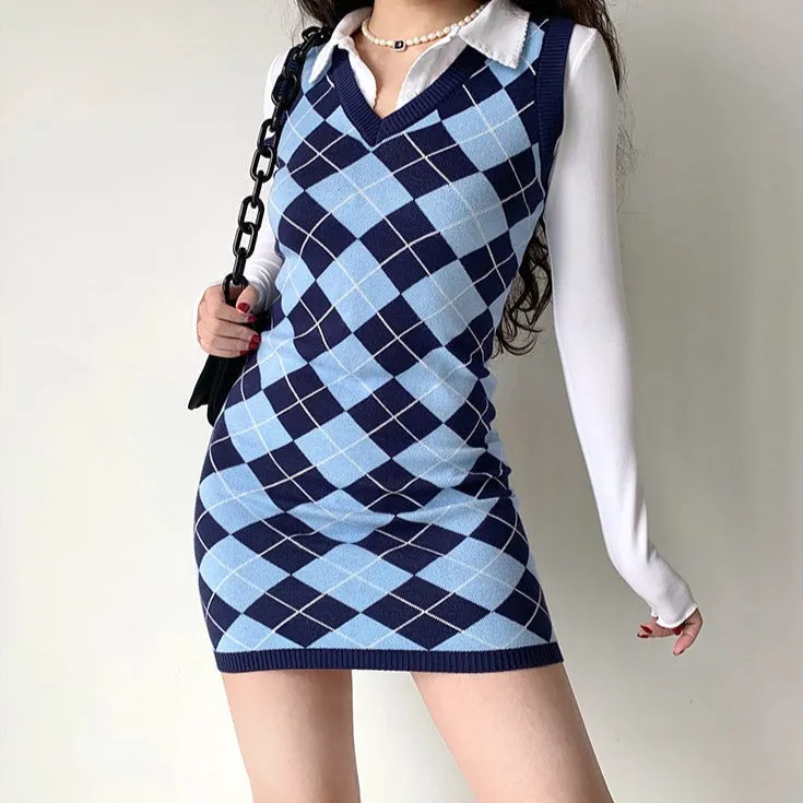 FLYTONN-spring summer dress Vacation photography outfits College Diamond Vest Knit Dress