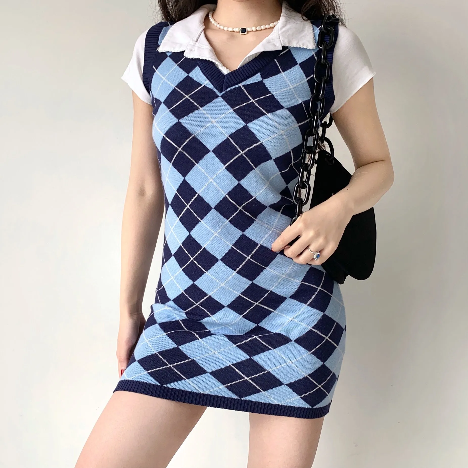 FLYTONN-spring summer dress Vacation photography outfits College Diamond Vest Knit Dress