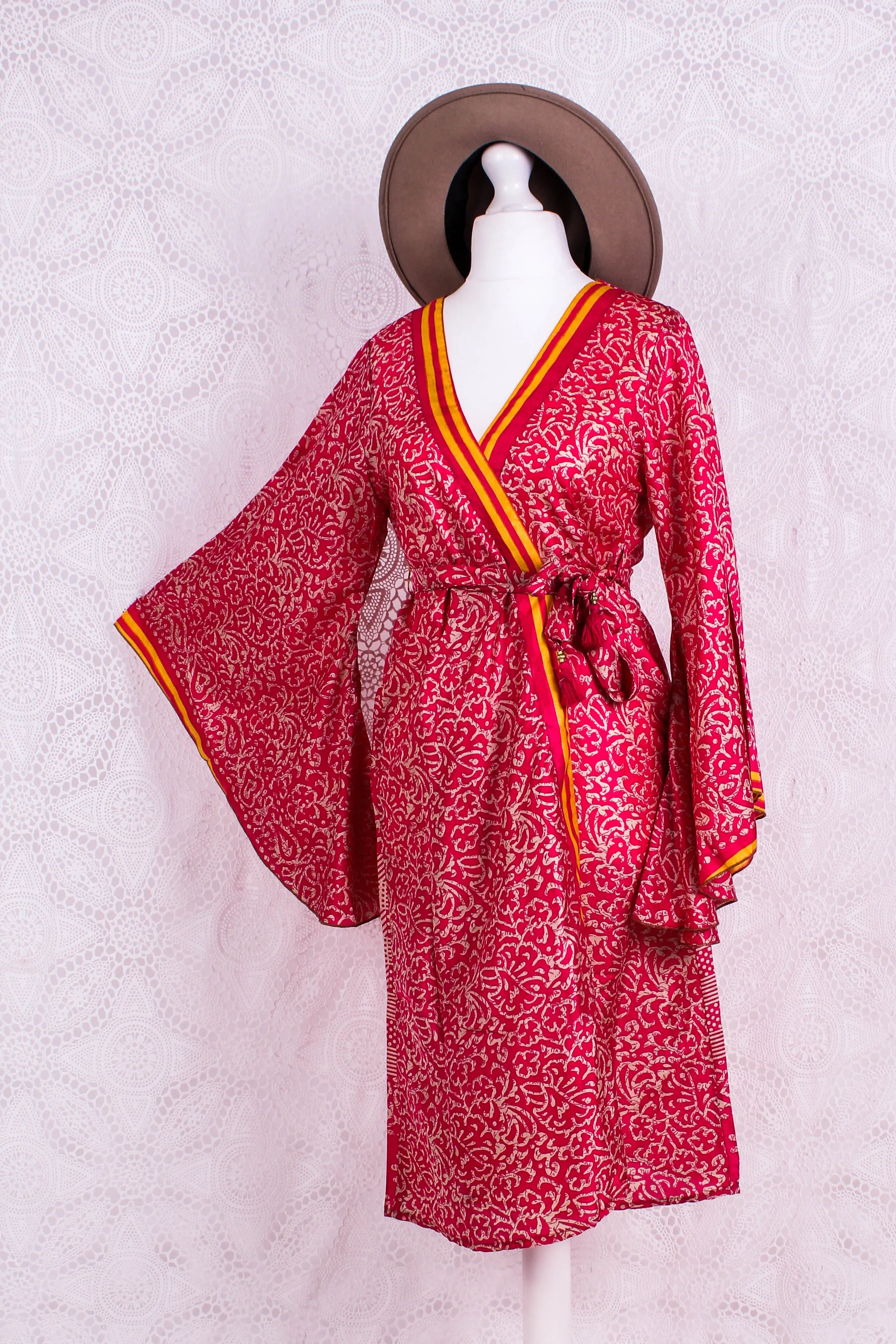 Gemini Bell Sleeve Midi Kimono/Dress - Watermelon Pink Vintage Sari - Size S/M