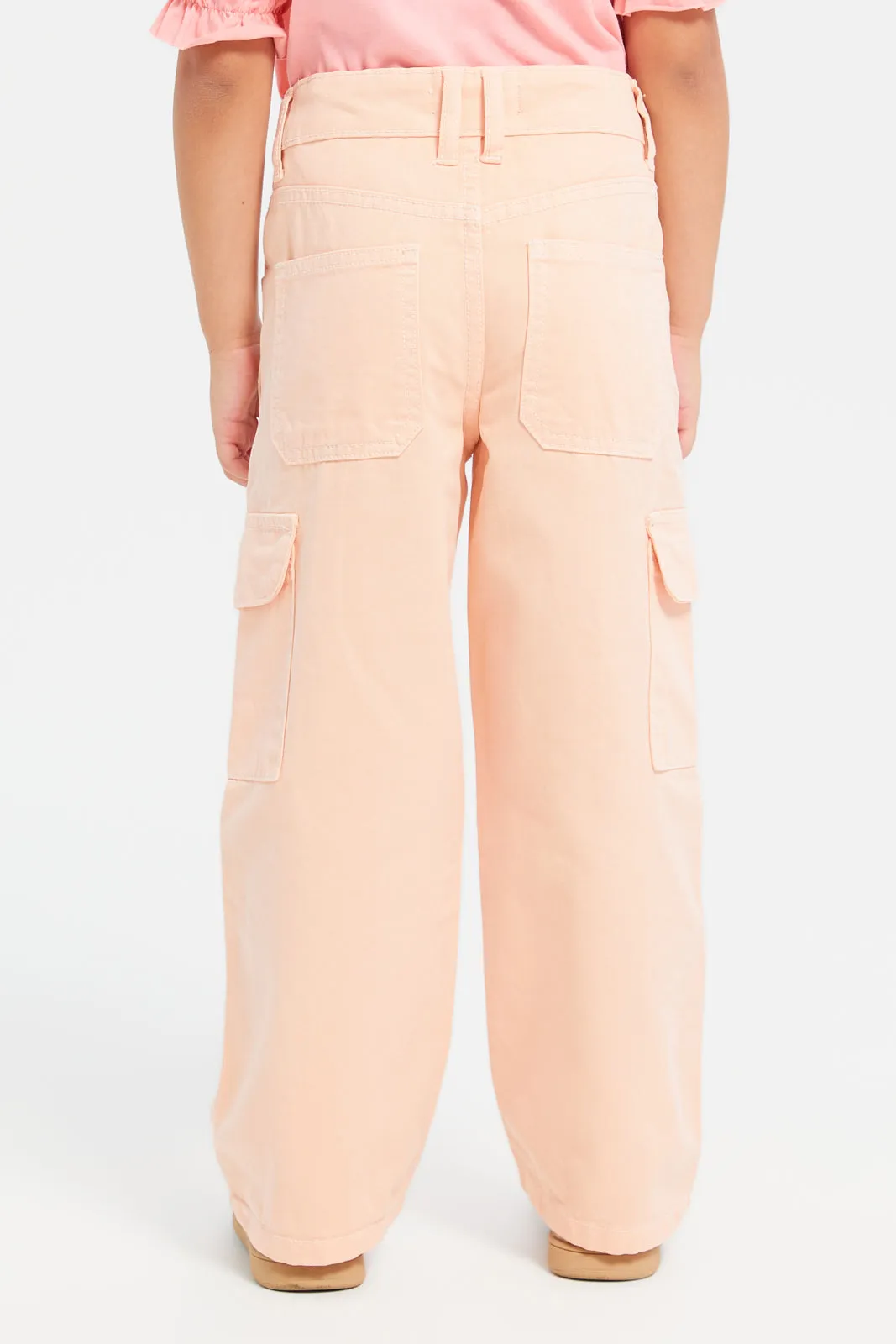 Girls Peach Plain Cargo Pants