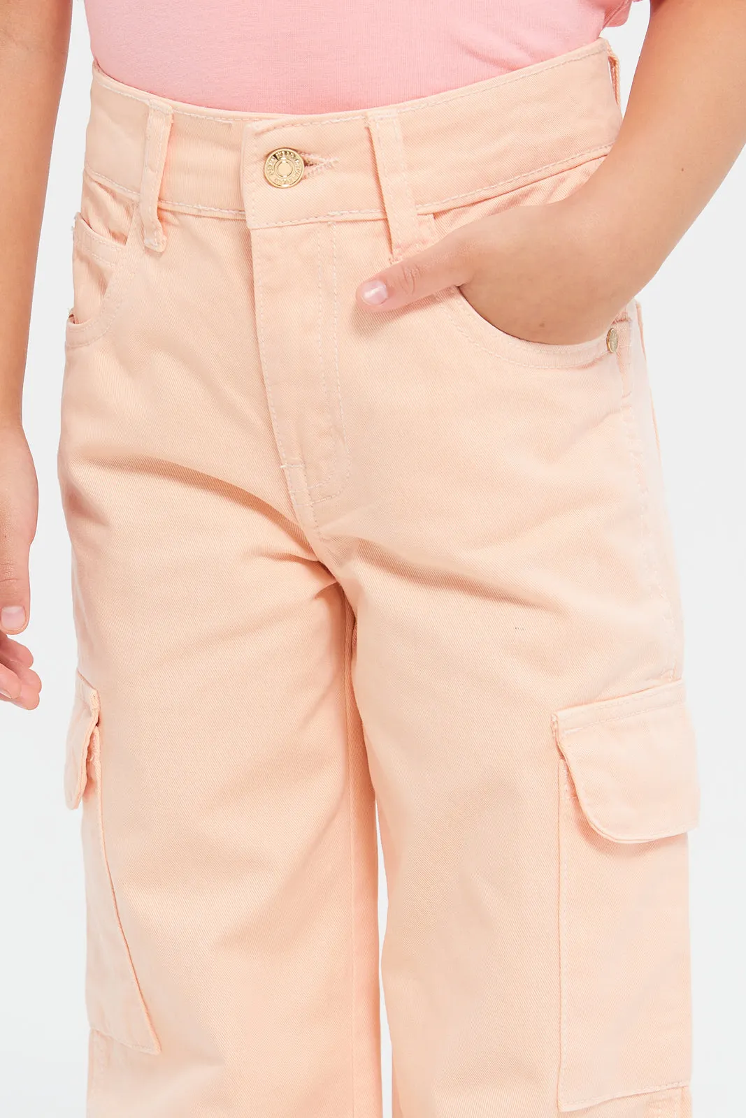 Girls Peach Plain Cargo Pants