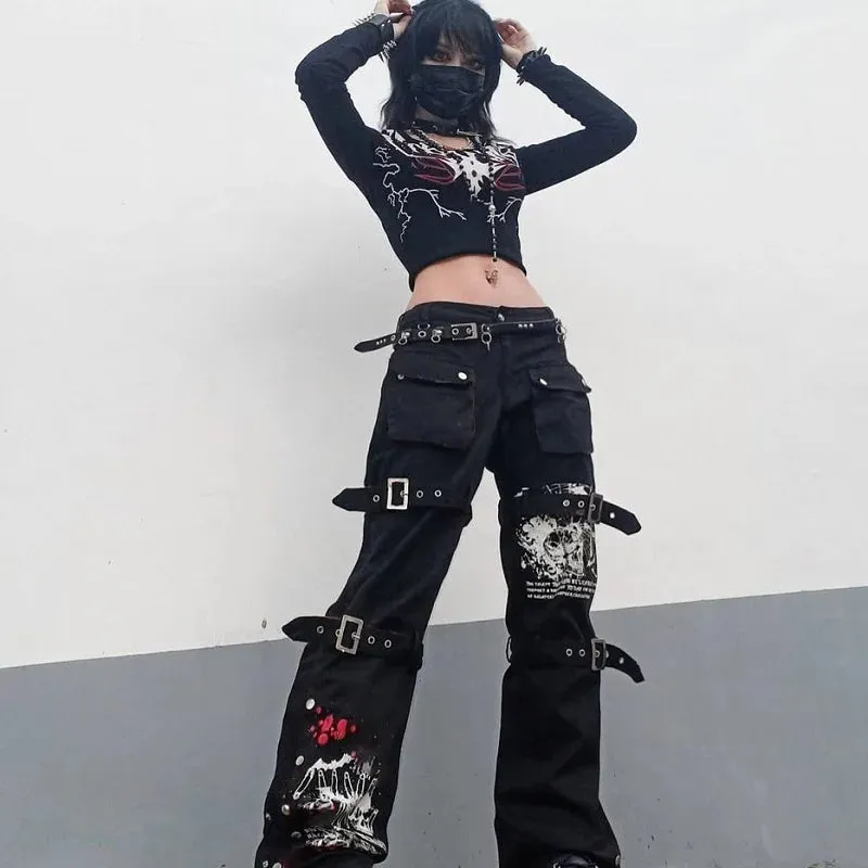 Gothic Black Low Waist Cargo Capri Pant