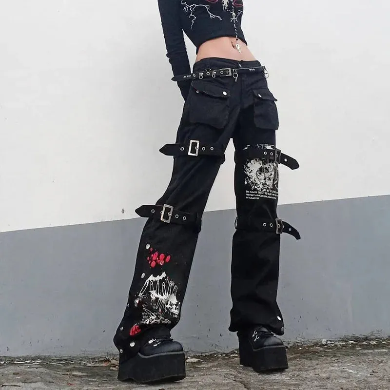 Gothic Black Low Waist Cargo Capri Pant