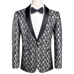 Hi-Tie Luxury Black Grey Floral Jacquard Men's Black Shawl Lapel Suit