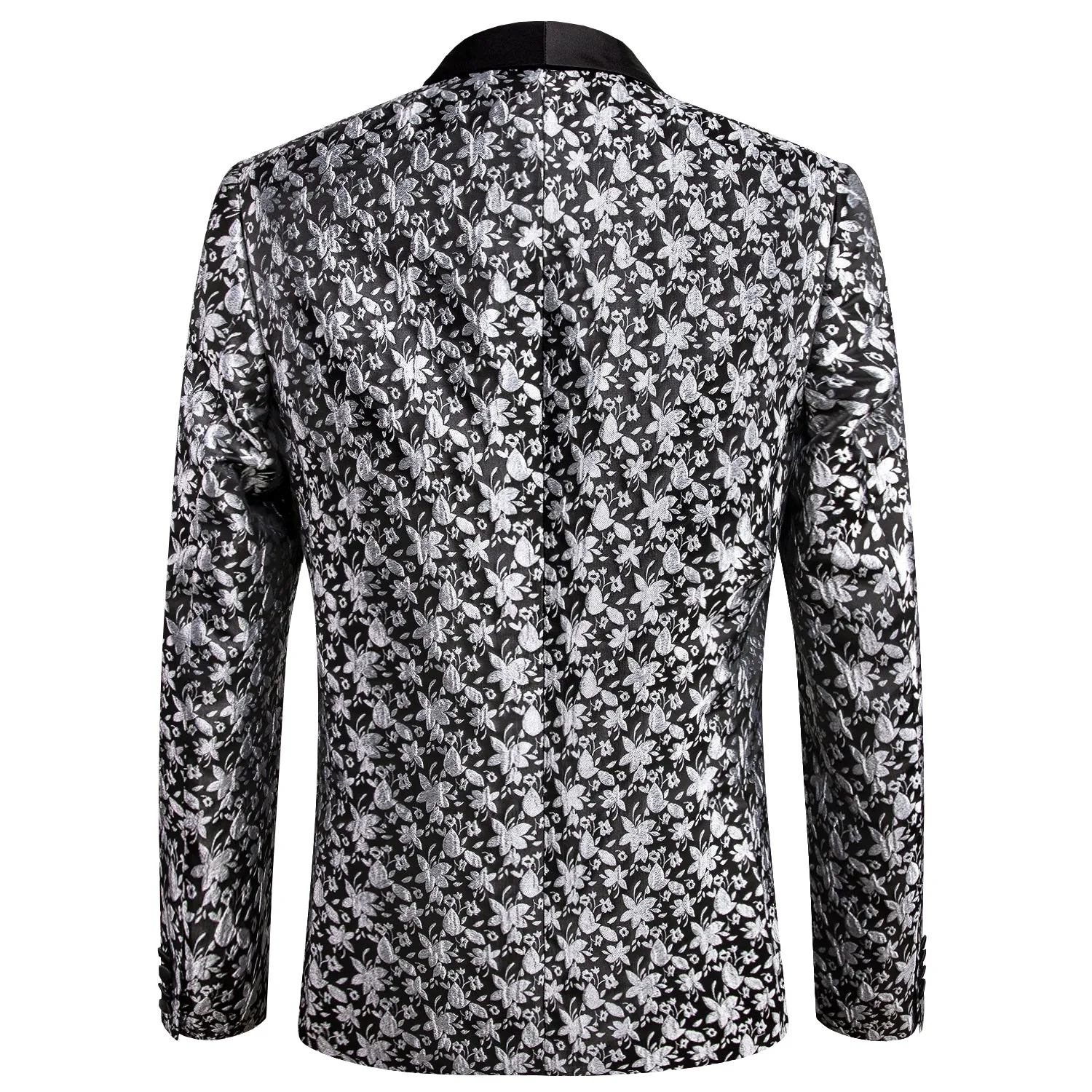 Hi-Tie Luxury Black Grey Floral Jacquard Men's Black Shawl Lapel Suit