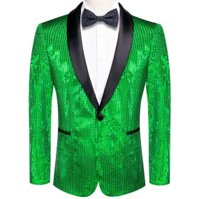 Hi-Tie Sequin Blazer Black Shawl Collar Green Solid Suit Tie Set