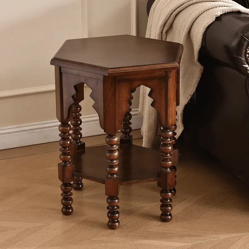 Hollow Hexagon Solid Wood End Table with Double Pedestal Base Storage Side Table Corner Table