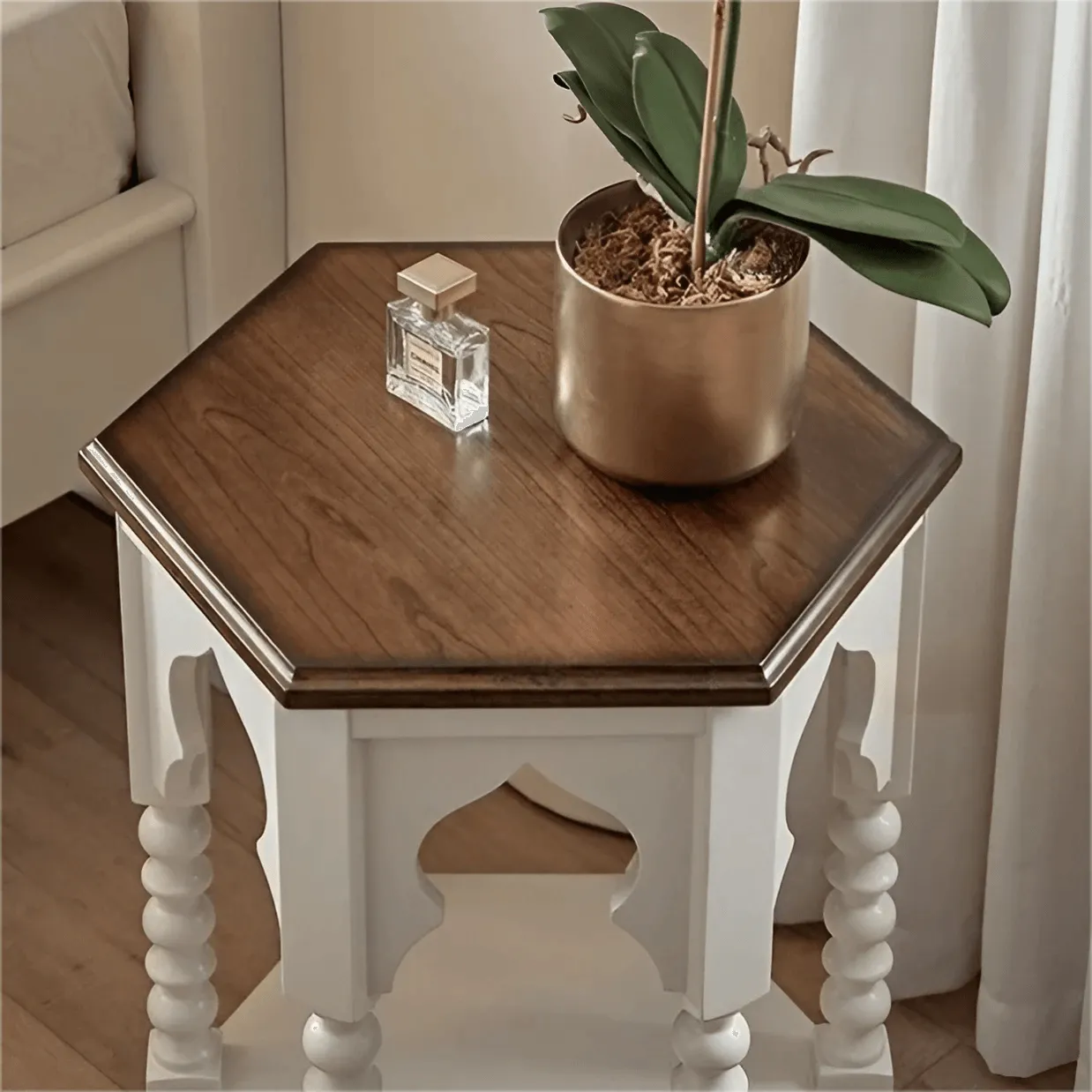 Hollow Hexagon Solid Wood End Table with Double Pedestal Base Storage Side Table Corner Table