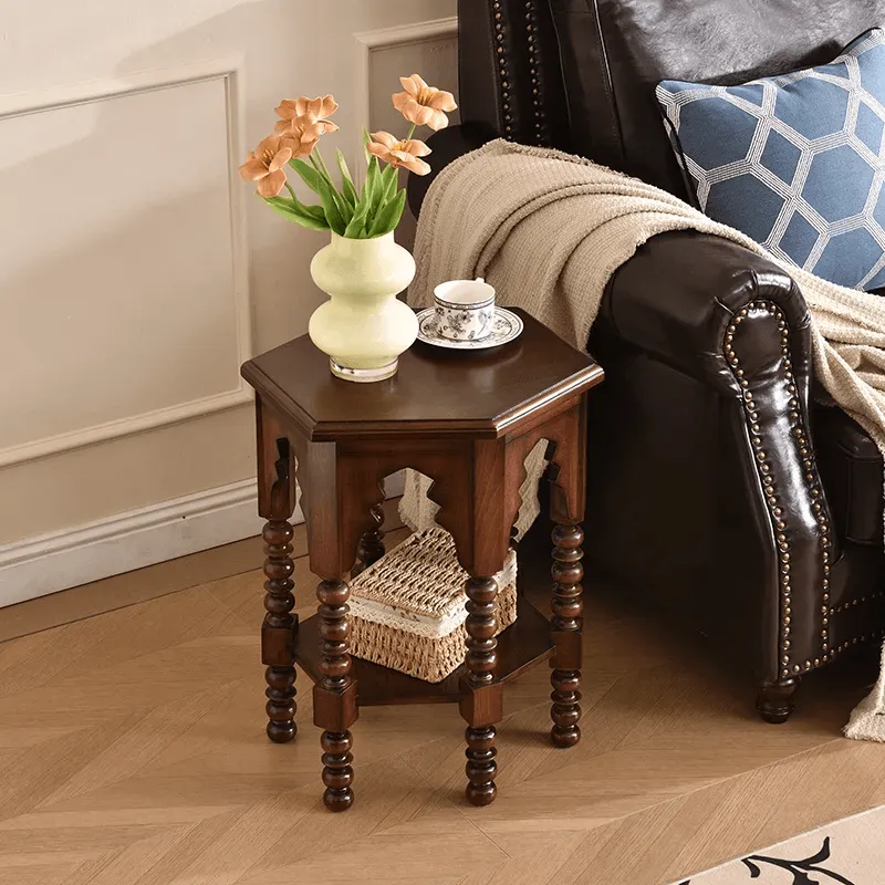 Hollow Hexagon Solid Wood End Table with Double Pedestal Base Storage Side Table Corner Table