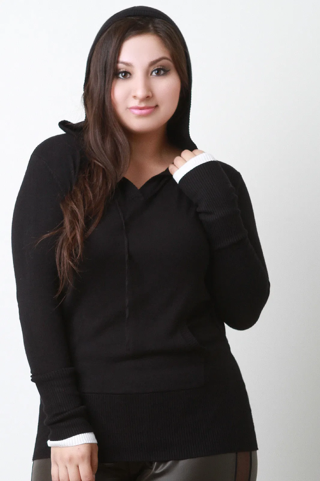 Hooded Layered Contrast Long Sleeves Sweater Top