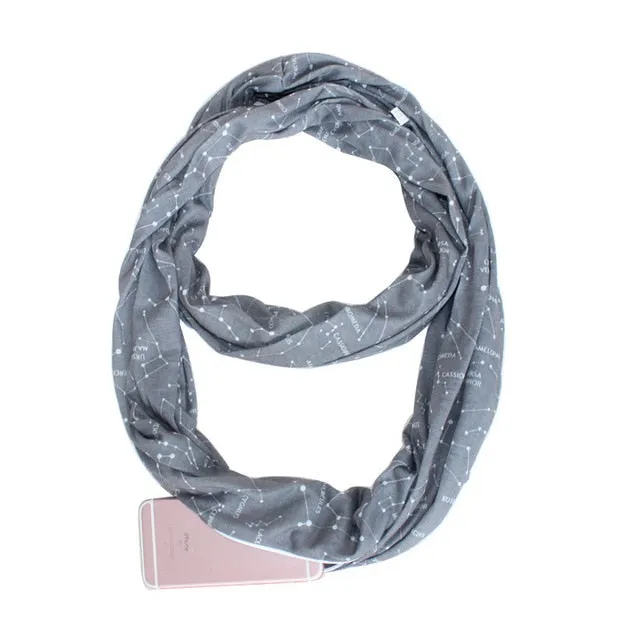 Infinity Scarf with Zippered Pocket Dacron Cloth 12 Colors & Patterns