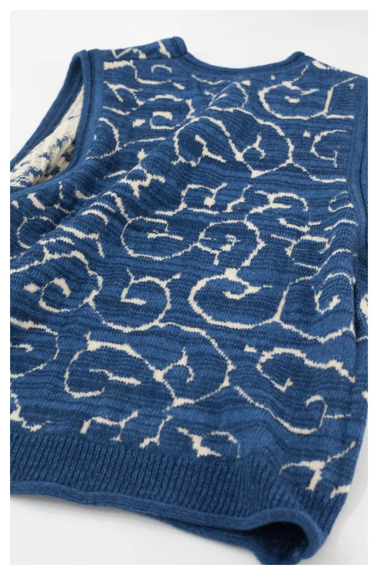 Japanese retro knitted vest blue vintage Crew Neck Pullover Sweater s