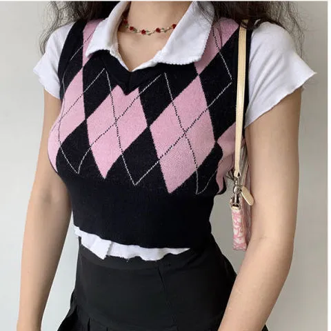 Joskaa Christmas Gift Sweater Vest Women Preppy Style Vintage Slim Knitted Argyle Cropped Students Sweet American-retro Spring School Classic Mujer