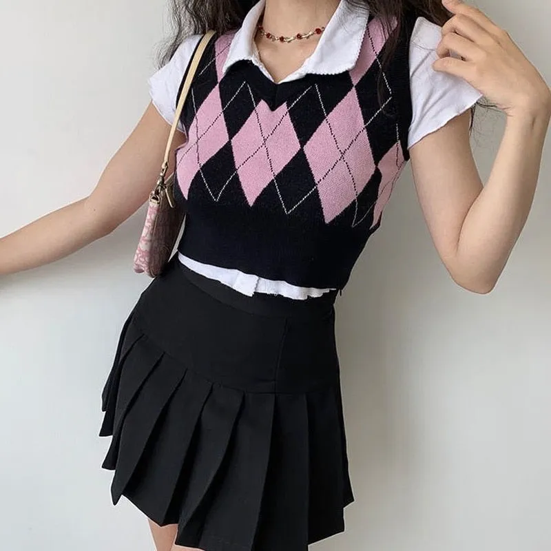 Joskaa Christmas Gift Sweater Vest Women Preppy Style Vintage Slim Knitted Argyle Cropped Students Sweet American-retro Spring School Classic Mujer