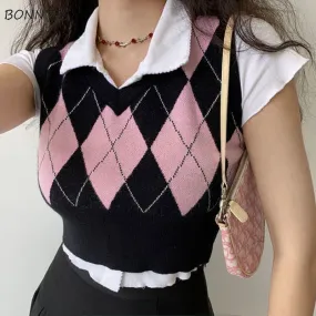 Joskaa Christmas Gift Sweater Vest Women Preppy Style Vintage Slim Knitted Argyle Cropped Students Sweet American-retro Spring School Classic Mujer