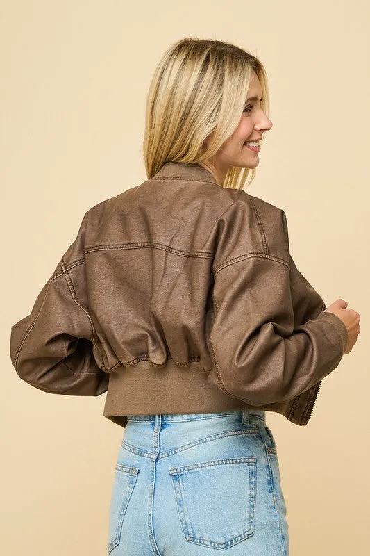 Jude Vegan Leather Cropped Jacket Brown