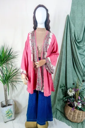 Karina Kimono Jacket - Vintage Sari - Blossom Pink Psychedelic - Free Size S/M