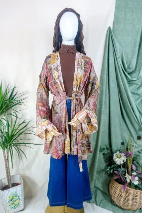 Karina Kimono Jacket - Vintage Sari - Earthy Mauve Abstract - Free Size S